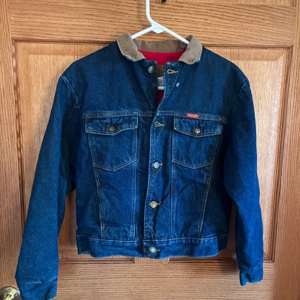 Wrangler vintage red flannel Lined, denim with brown corduroy collar coat
